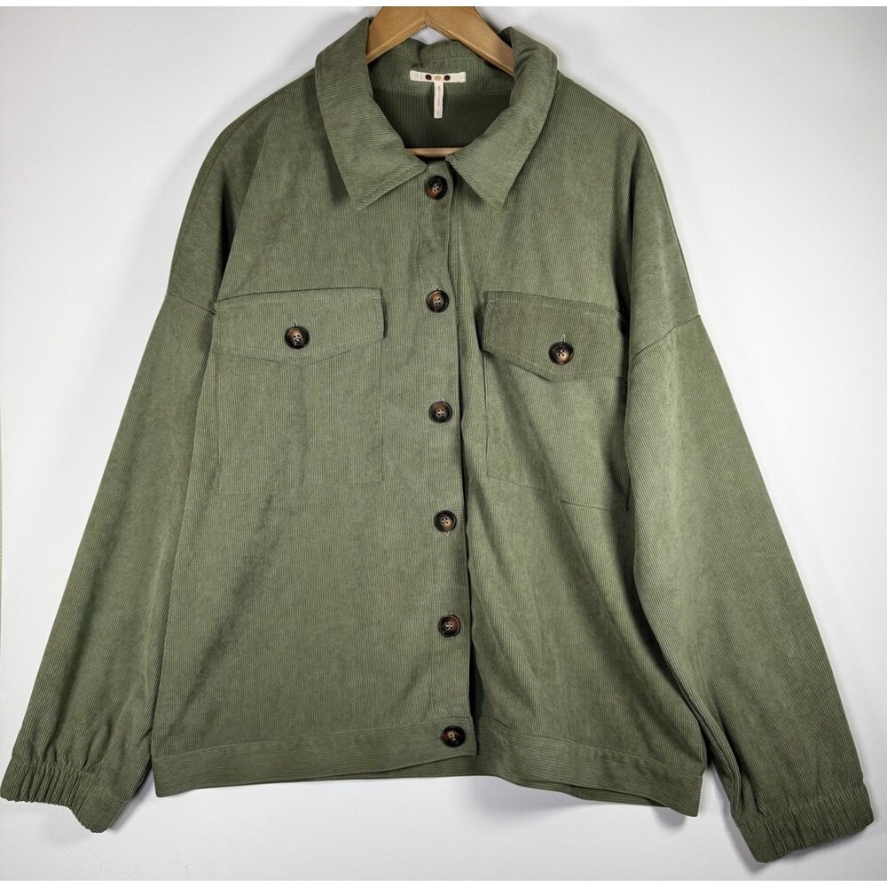 Three Dots Jacket Womens‎ XL Green Corduroy Button Up Utility Pockets Minimalist